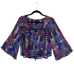Dolce Vita 100% Silk Multicolor Brushstroke Print Blouse Smocked Tie Front XS